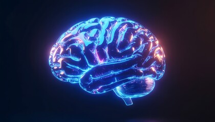 Illustration of glowing blue brain with neon light effect on dark background