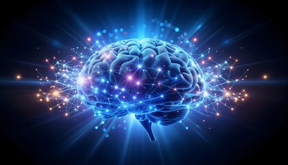 Fototapeta premium Illustration of vibrant digital illustration of a human brain with glowing blue lights and colorful sparks on a dark background
