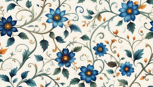 Illustration of beautiful floral pattern with blue flowers and green leaves on cream background - Powered by Adobe