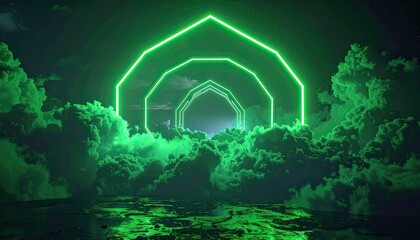 Neon Green Geometric Portal: Abstract Digital Art with Glowing Arches and Lush Cloudscape - Futuristic Visual