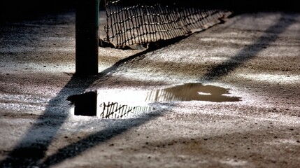 Close-up of wet tennis court with puddles reflecting net and pole. Rainy sports environment, textured ground and damp surface after weather conditions