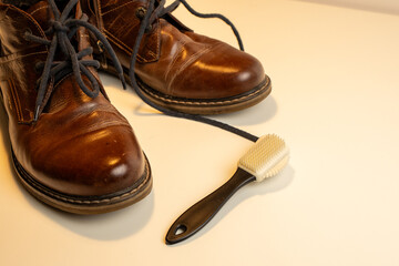 Cleaning Brown Leather Shoes with Brush – Footwear Care, Shoe Maintenance and Polishing at Home, Mens Style and Grooming Concept
