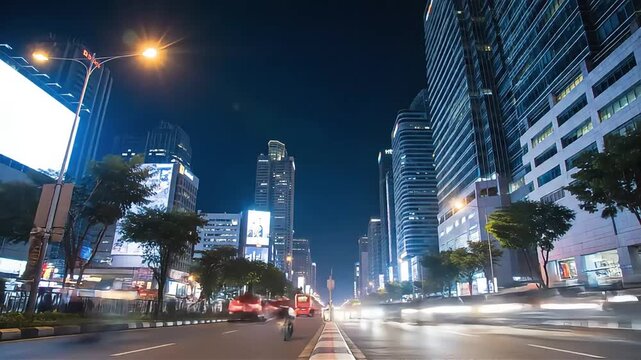 jakarta city night time lapse with light trails of traffic on busy downtown street among modern skyscrapers perfect for urban motion backgrounds