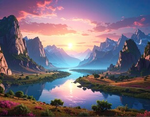 Majestic Mountain River Landscape at Sunset: Vibrant Digital Art Illustration - Scenic Nature View