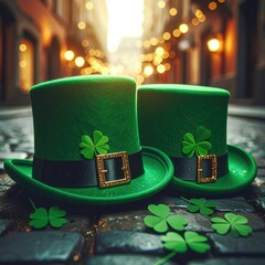 St. Patrick's Day Celebration: Two Green Top Hats with Shamrock Pins on Cobblestone Street, Festive Bokeh Lights