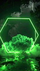 Neon Green Hexagon Frame with Dramatic Cloudscape & Lightning - Abstract Digital Art Background