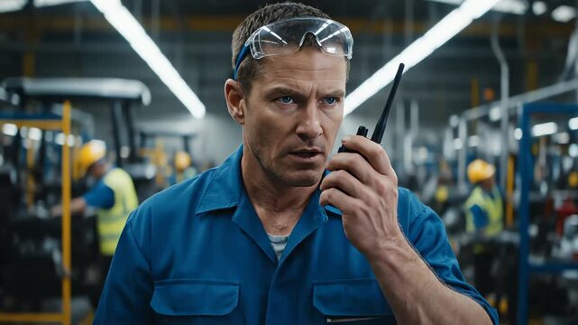 A serious male supervisor gives instructions on a walkie talkie inside a busy industrial factory.