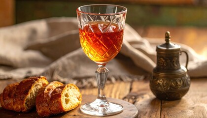 Rustic Still Life: Wine, Bread & Antique Pitcher - Warm Tones, Cozy Atmosphere, Traditional European Table Setting