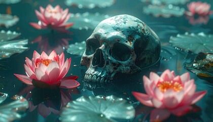 Skull Amongst Lotus Flowers: A Symbolic Still Life of Mortality and Rebirth in Teal Water