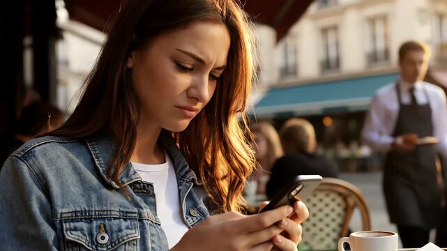 Upset young woman reacts to bad news on her mobile phone while sitting at an outdoor city cafe