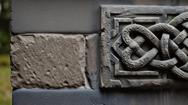 Ancient celtic knot stone carving detail on dark wall