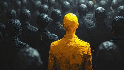 Standing Out From The Crowd: A Bold Yellow Figure Amidst a Sea of Gray, Conceptual Art for Individuality & Conformity