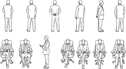 Top view cad drawing set for architectural projects, executive men standing and sitting, editable line vector

