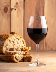 Rustic Still Life: Red Wine & Fresh Bread on Wooden Table - A Cozy Food Photography Scene