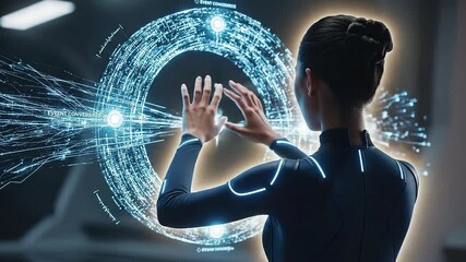 Professional woman interacts with glowing futuristic digital data stream interface in a dimly lit modern laboratory environment showcasing technological advancement - Powered by Adobe