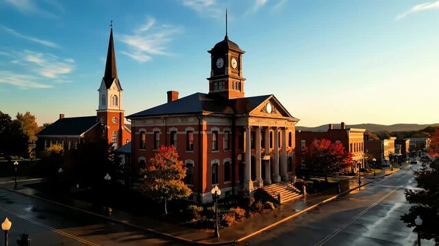 Aerial view of a charming small town America with a historic courthouse and church surrounded by vibrant autumn colors at sunrise.