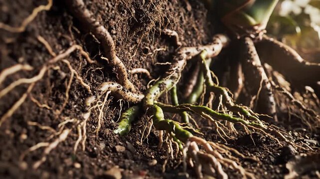 Intricate plant roots spread through rich dark soil, showcasing the complex underground system of life and growth.