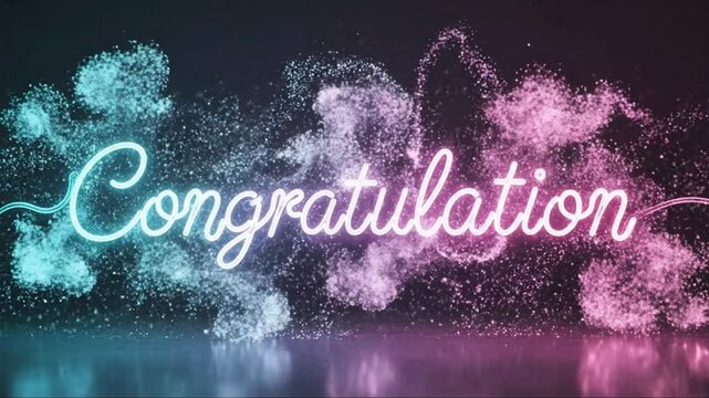 Bright Neon Celebration with Sparkling Particle Effects Spelling Out Congratulations