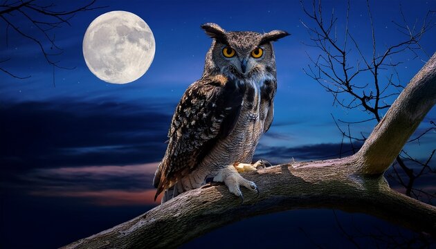 nocturnal wisdom an owl with captivating yellow eyes perches serenely on a bare tree branch silhouetted against the mystical night sky a symbol of wisdom