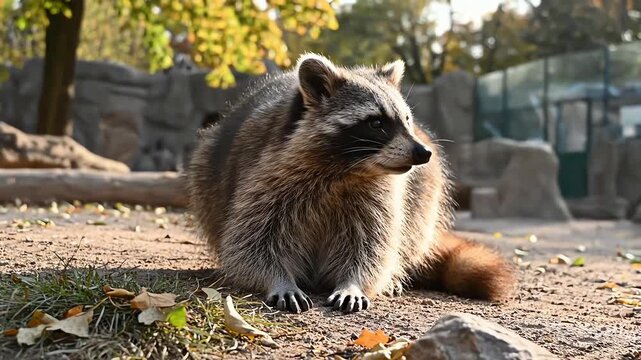 Portrait of a curious raccoon sitting outdoors on a sunny day with fall foliage in the background.