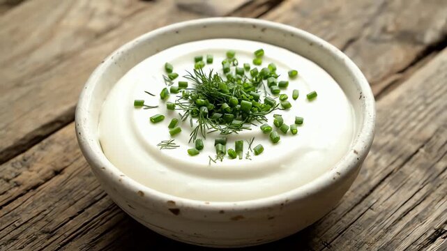A slow zoom on an appetizing bowl of sour cream with a fresh chive and dill garnish on a rustic wooden table.