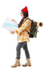 Female guide with city map on white background
