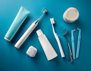 dental hygiene essentials a still life composition of essential dental hygiene tools presented against a clean blue backdrop