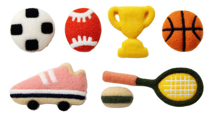 Fototapeta premium Colorful Plush Sports Icons including Soccer, Tennis, Basketball, and Skateboard