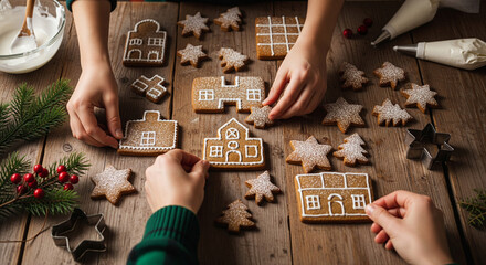 People hands decorating gingerbread house pieces and cookies on a wooden table, top view