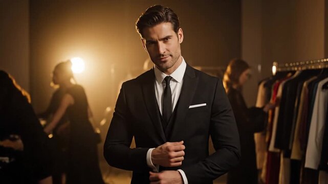 Elegant man in sharp black suit, adjusting cuff, standing in fashion studio
