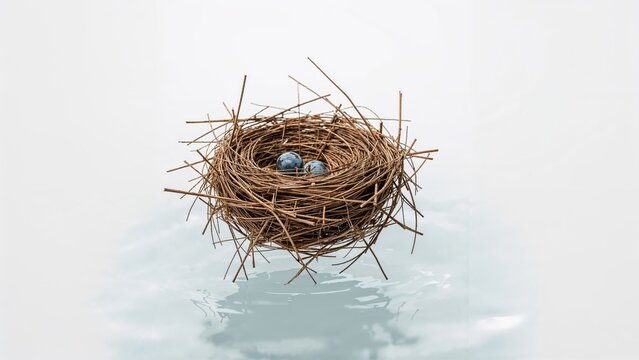 A bird's nest with two eggs floating on water surface. Nature and wildlife, concept. Nests and eggs, marine life, water reflection. The concept of nature, animals, and water environment.