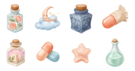 Pastel Elixirs and Vials with Moon and Floral Designs on Transparent Background