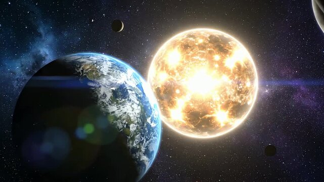 Futuristic journey through a mysterious solar system with an earth-like planet and a glowing sun portal