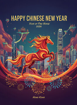 Affiche du Nouvel An chinois 2026 montrant un cheval de feu devant la skyline de Hong Kong avec feux d&rsquo;artifice.