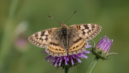 Naklejka premium A butterfly resting on a purple flower with green blurred background. Insect and nature scene. The image captures the beauty of butterflies in natural habitats.