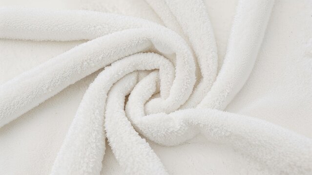 Soft white towel fabric with plush texture, folded in a swirl pattern. Bath and linen, concept. Textiles and softness. The concept of comfort and luxury.