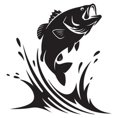Illustration of a bass fish jumping out of splashing water, great for fishing themes
