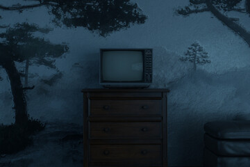 3d rendering of an old television in front of oil-painted mural