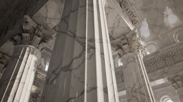 Majestic Polished Marble Columns Adorning an Ethereal Ancient Temple Interior with Classical Architecture