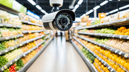 security camera pointed down a brightly lit supermarket produce aisle