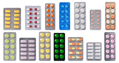 Set of different pills in blister packs isolated on white background with clipping path, top view