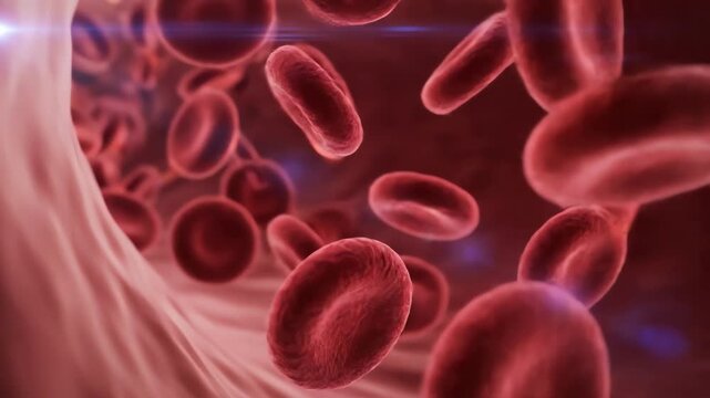 A medically accurate 3D animation showing red blood cells flowing through a blood vessel in the circulatory system.