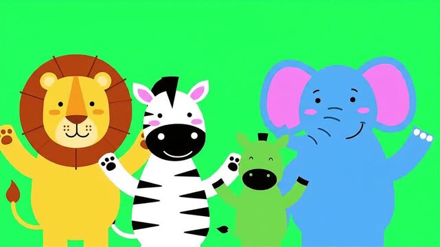 Colorful cartoon lions, zebras, elephant and cubs on green background