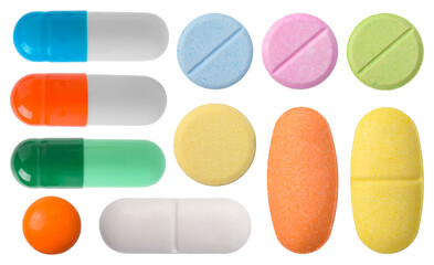 Pills, tablets, capsules and medicine isolated on white background, top view. Elements for medical and pharmaceutical themed designs.