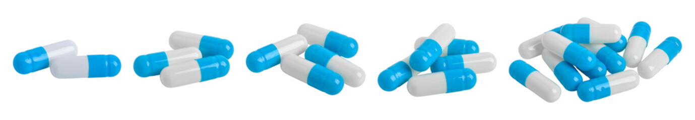 Set of antibiotic pills isolated on white background, with clipping path.