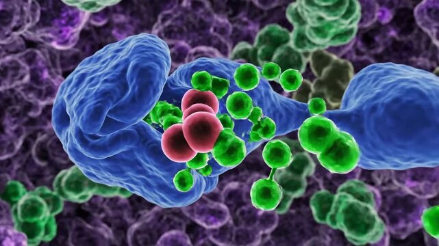 Microscopic view of diverse bacteria and cellular structures, depicting biological processes and scientific research