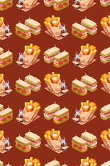 Seamless pattern of lunch meal with club sandwiches, fried chicken, fries, and sauce bottle on warm brown background, 3D icons