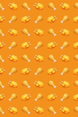 Seamless pattern of roasted chicken and fried drumsticks on vibrant orange background, 3D food icon wallpaper design
