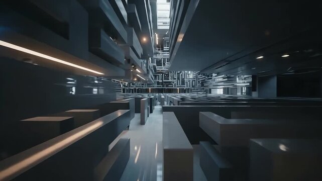 Seamless animated fly-through of an abstract futuristic maze with complex metallic structures and glowing lights.