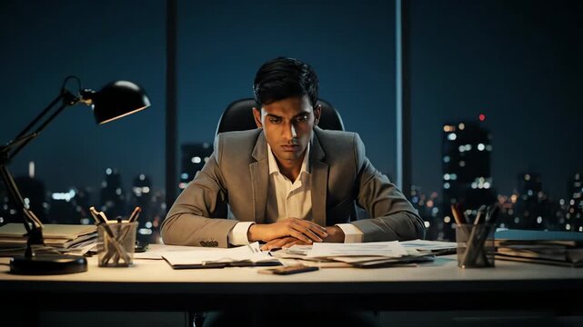 Overworked young Indian businessman feeling stressed and tired while working late in a modern office with a city view.